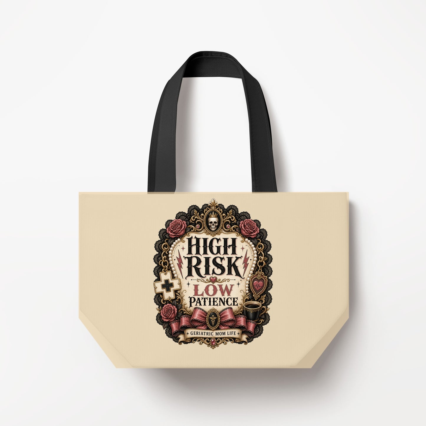 High Risk Low Patience tote bag mockup