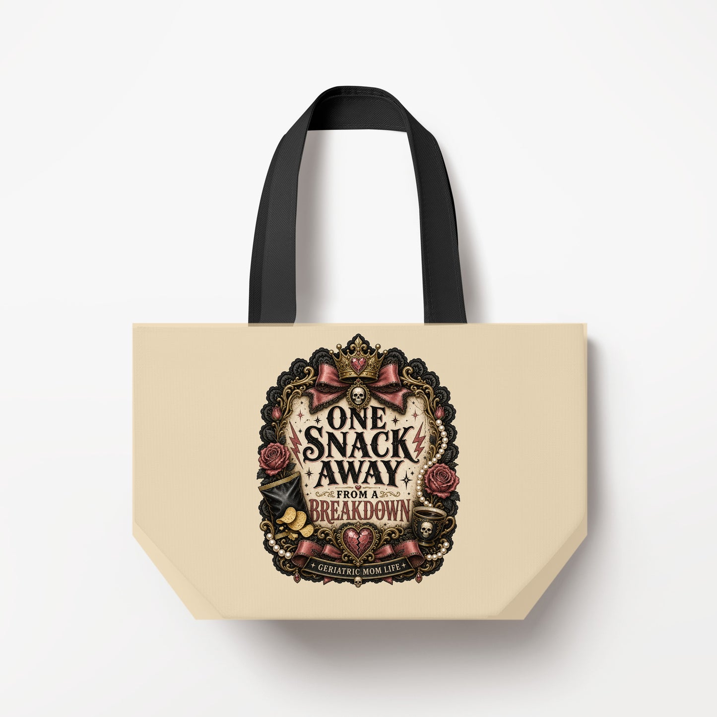 One Snack Away From A Breakdown tote bag mockup
