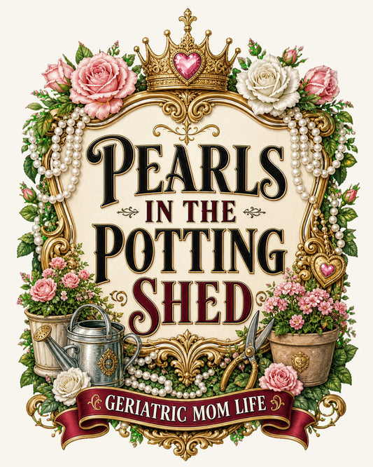 Pearls In The Potting Shed graphic design by Geriatric Mom Life