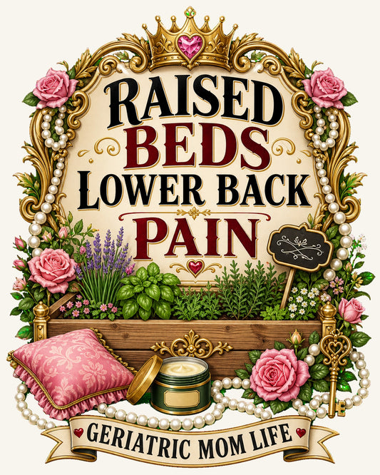 Raised Beds Lower Back Pain graphic design by Geriatric Mom Life