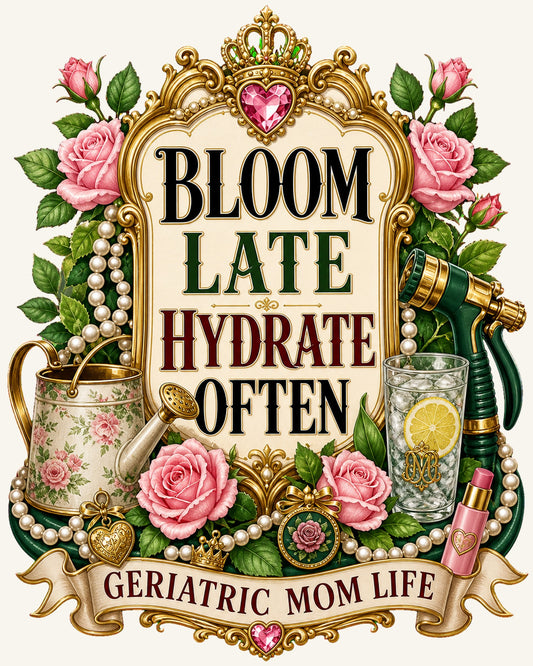 Bloom Late Hydrate Often graphic design by Geriatric Mom Life