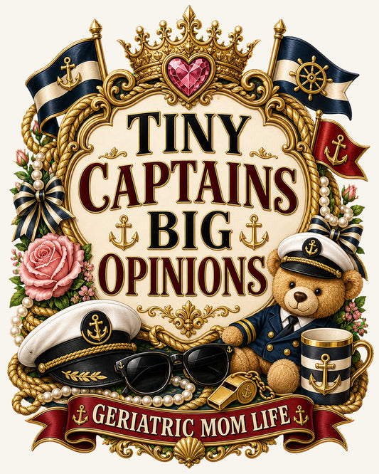Tiny Captains Big Opinions graphic design by Geriatric Mom Life