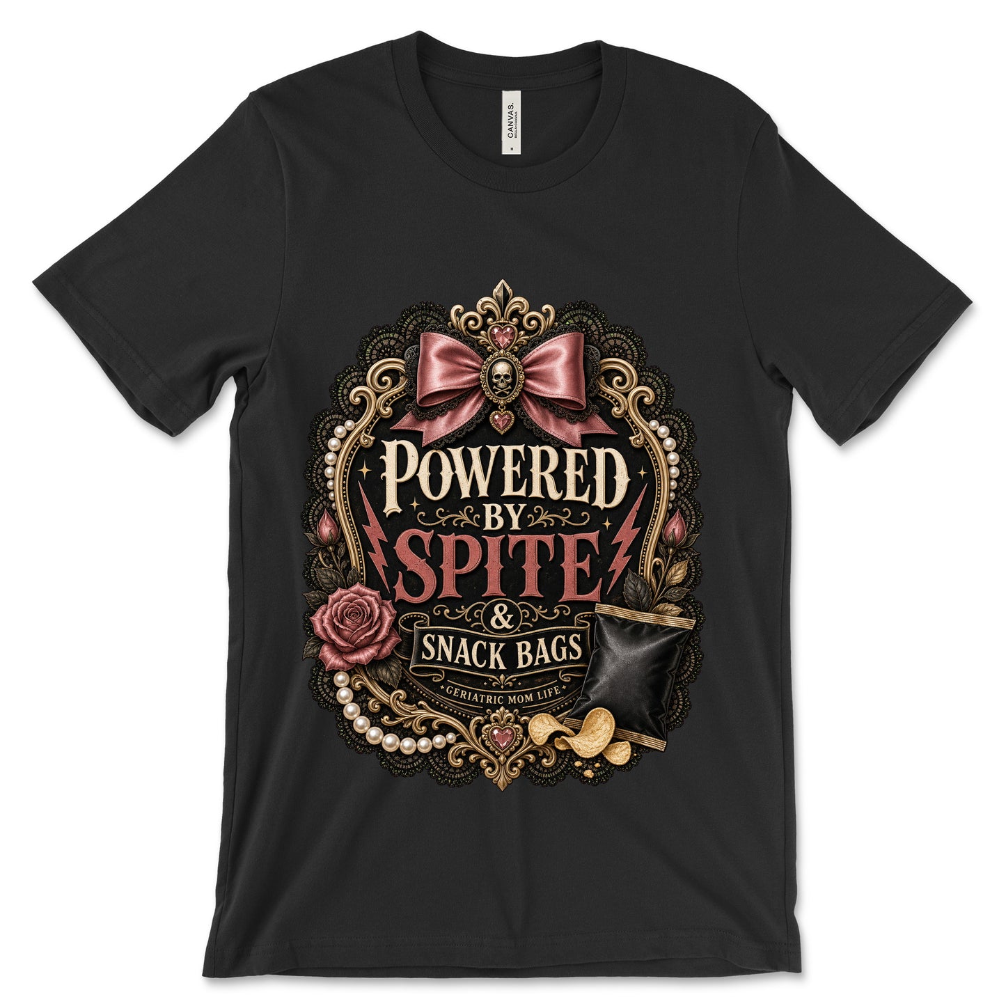 Powered By Spite And Snack Bags Black shirt mockup