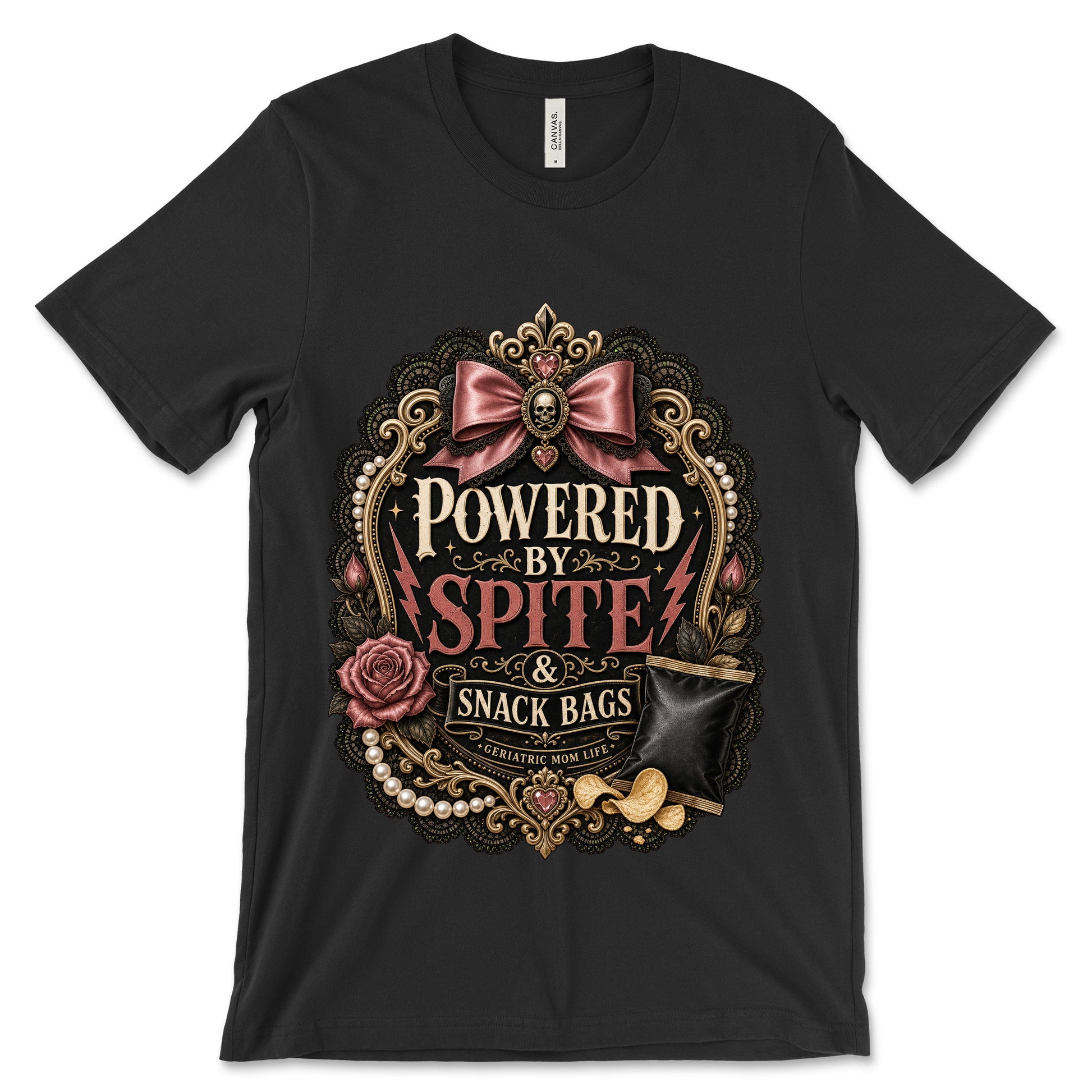 Powered By Spite And Snack Bags Black shirt mockup