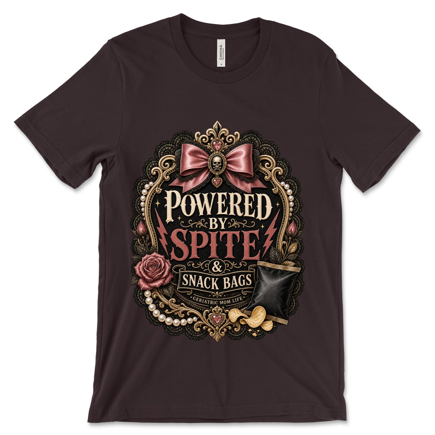 Powered By Spite And Snack Bags Oxblood Black shirt mockup