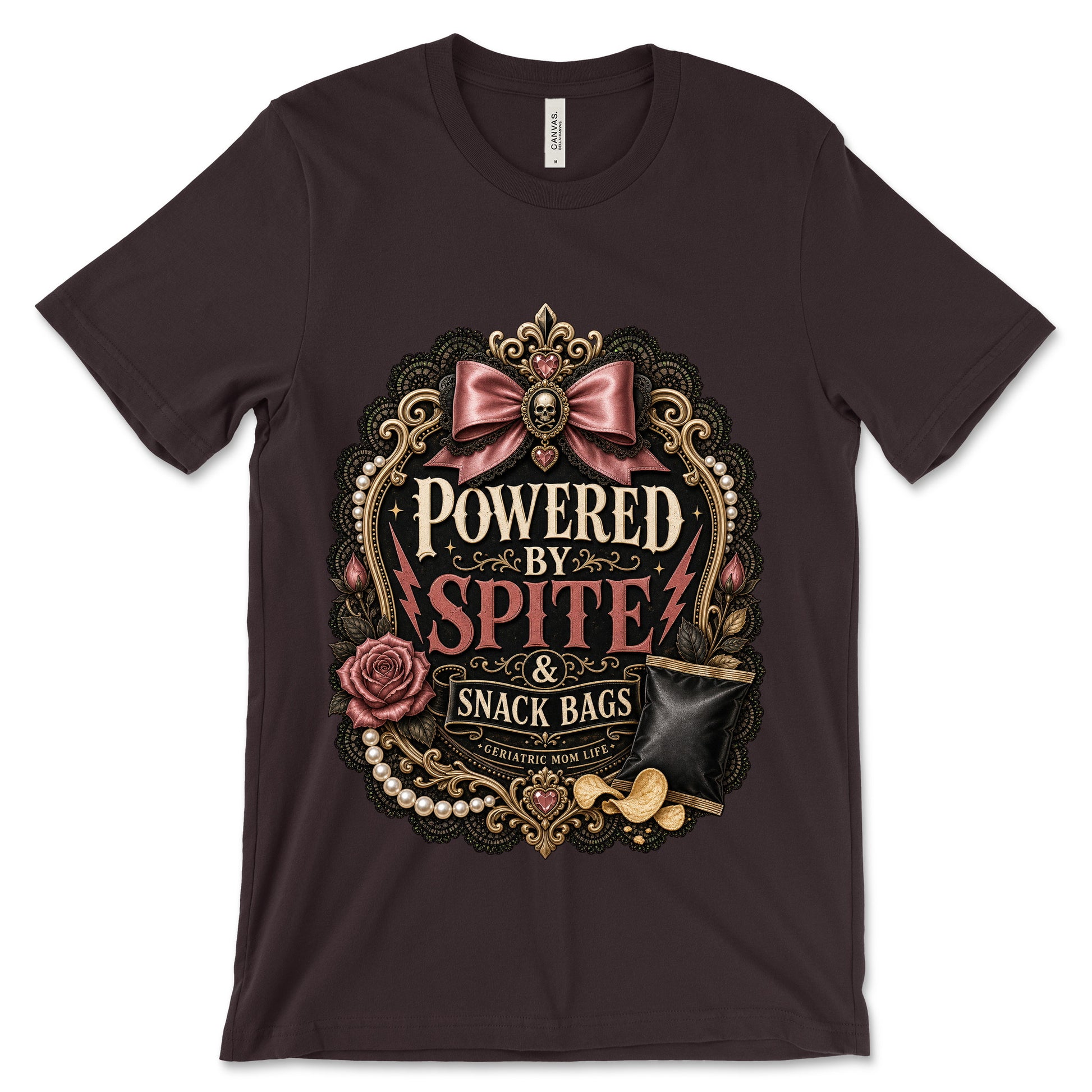 Powered By Spite And Snack Bags Oxblood Black shirt mockup