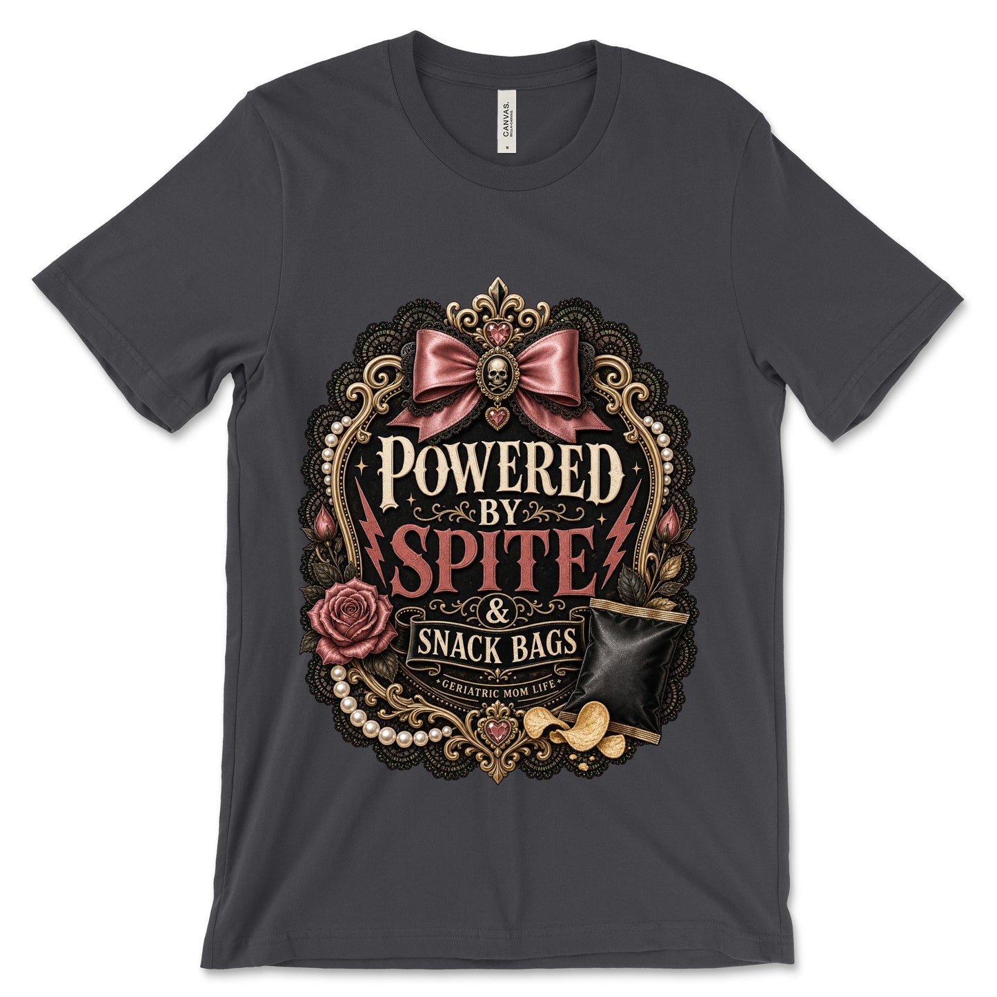 Powered By Spite And Snack Bags Dark Grey shirt mockup