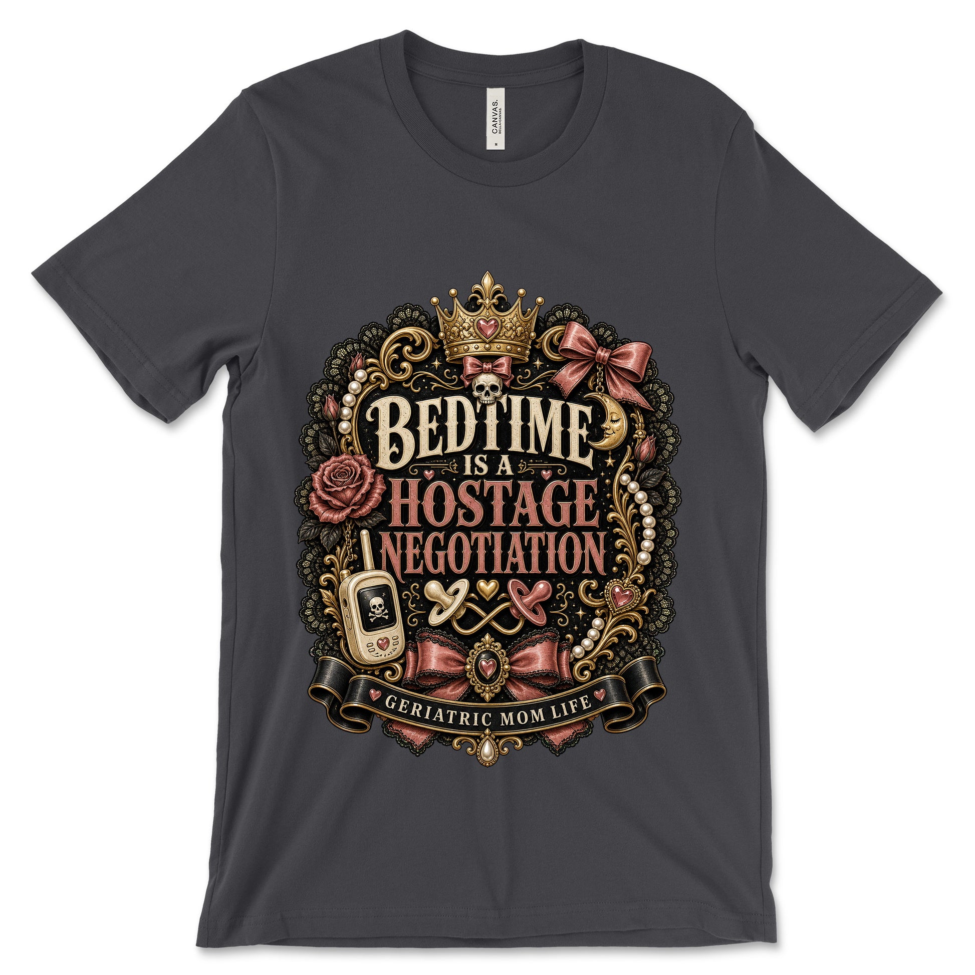 Bedtime Hostage Negotiation Dark Grey shirt mockup