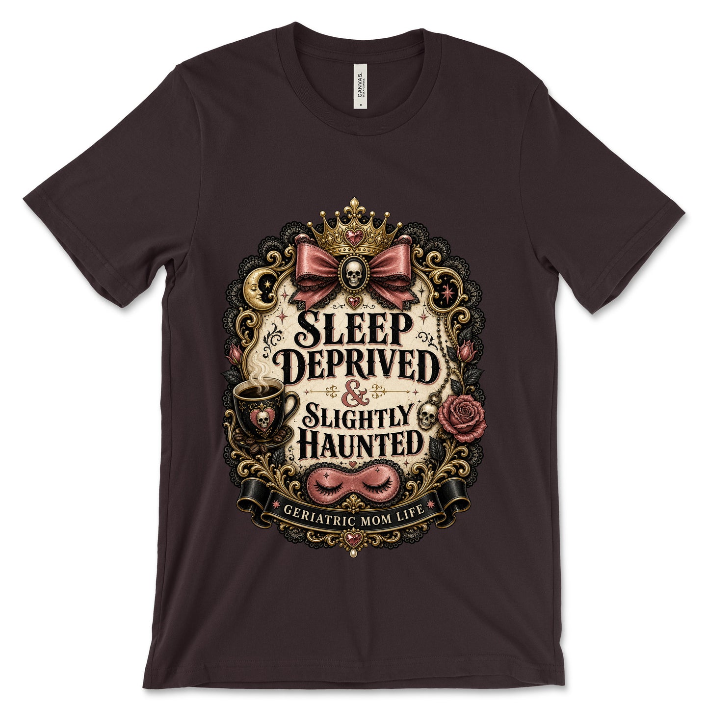 Sleep Deprived Slightly Haunted Oxblood Black shirt mockup
