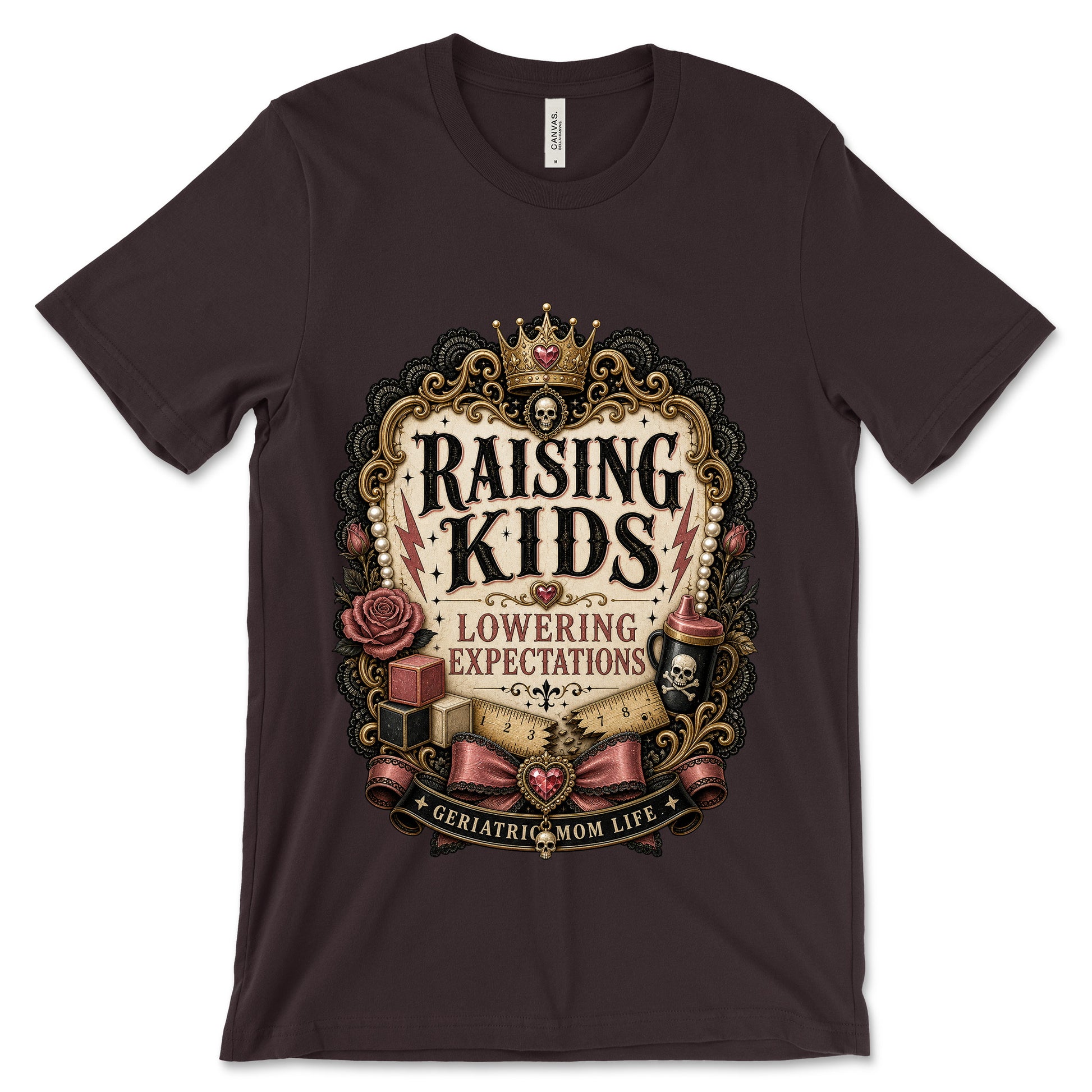 Raising Kids Lowering Expectations Oxblood Black shirt mockup