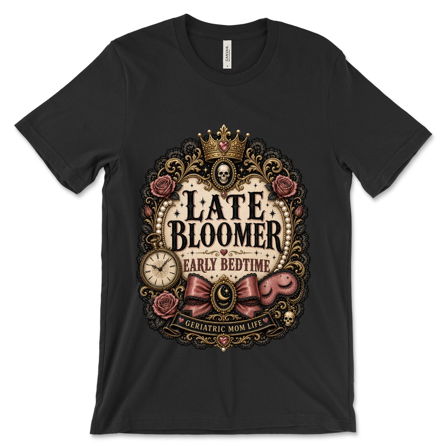 Late Bloomer Early Bedtime Black shirt mockup