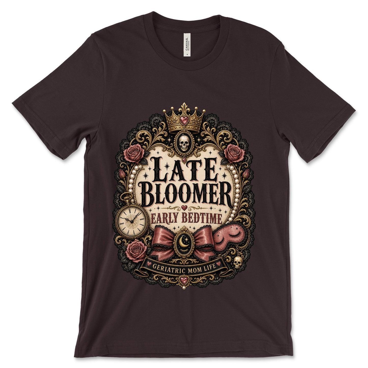 Late Bloomer Early Bedtime Oxblood Black shirt mockup