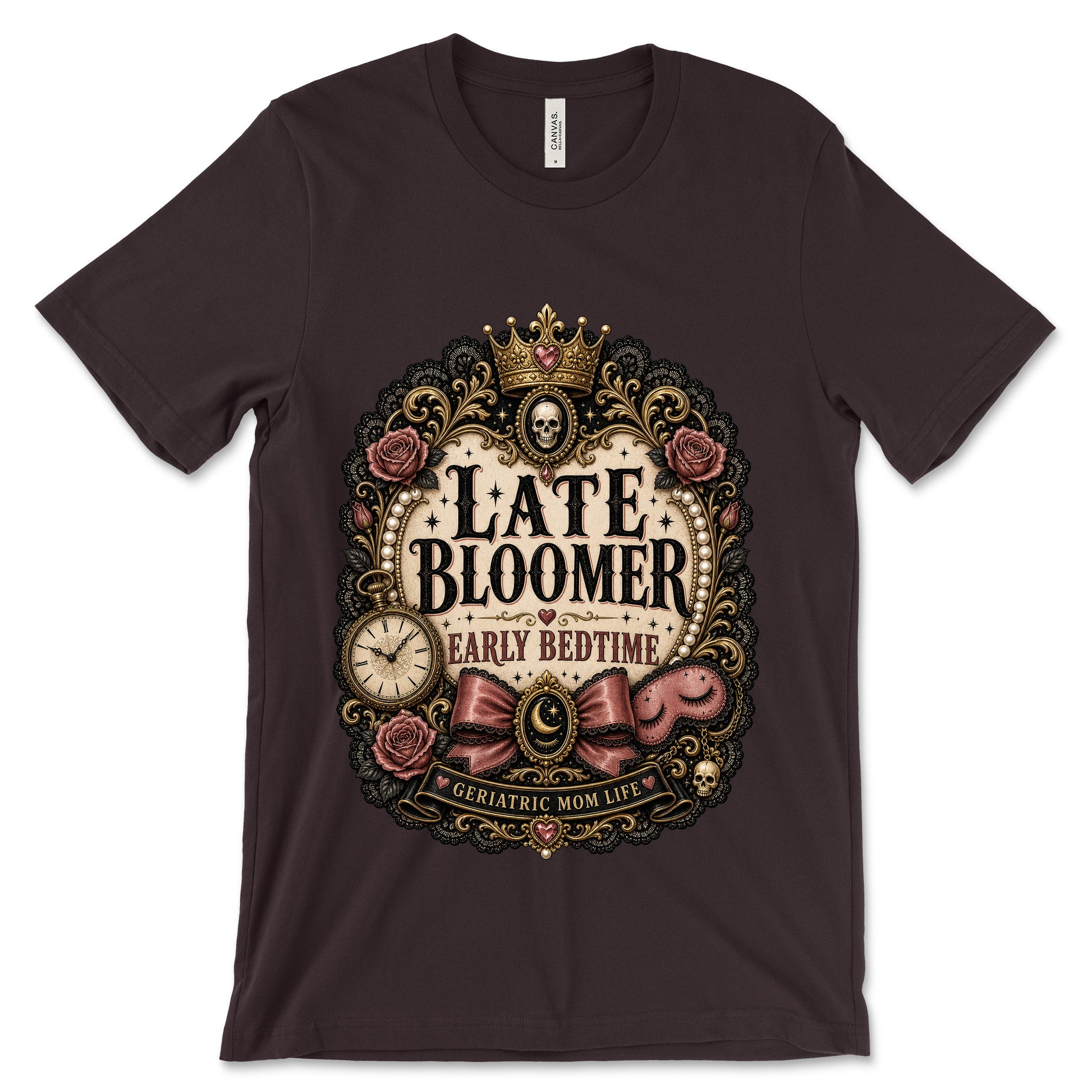 Late Bloomer Early Bedtime Oxblood Black shirt mockup