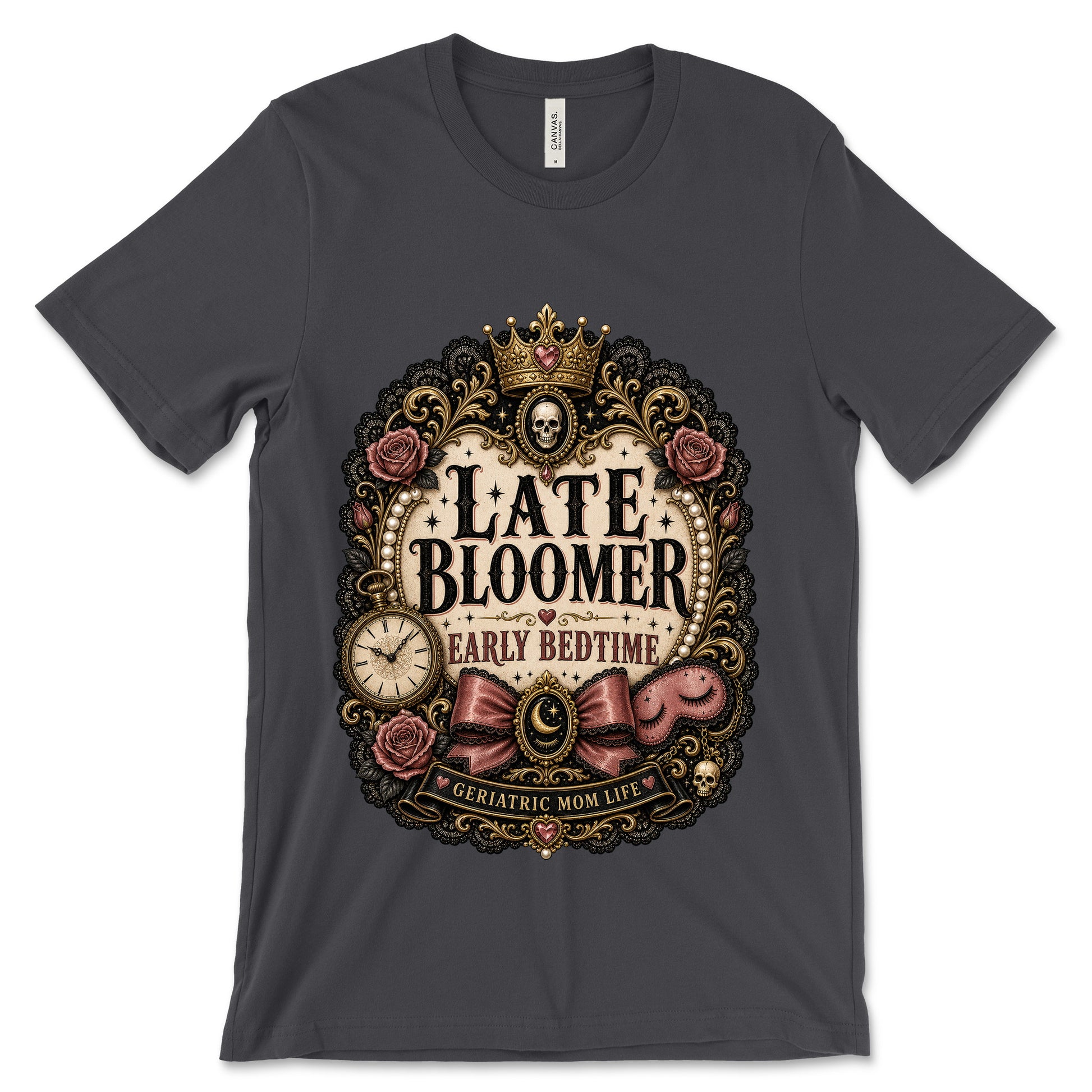Late Bloomer Early Bedtime Dark Grey shirt mockup