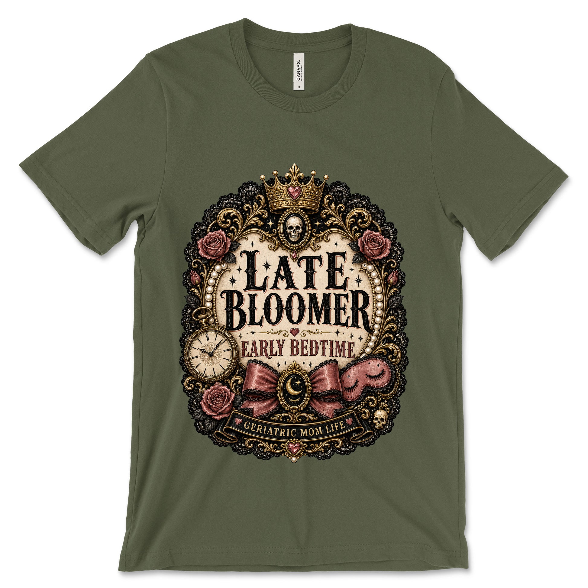 Late Bloomer Early Bedtime Military Green shirt mockup