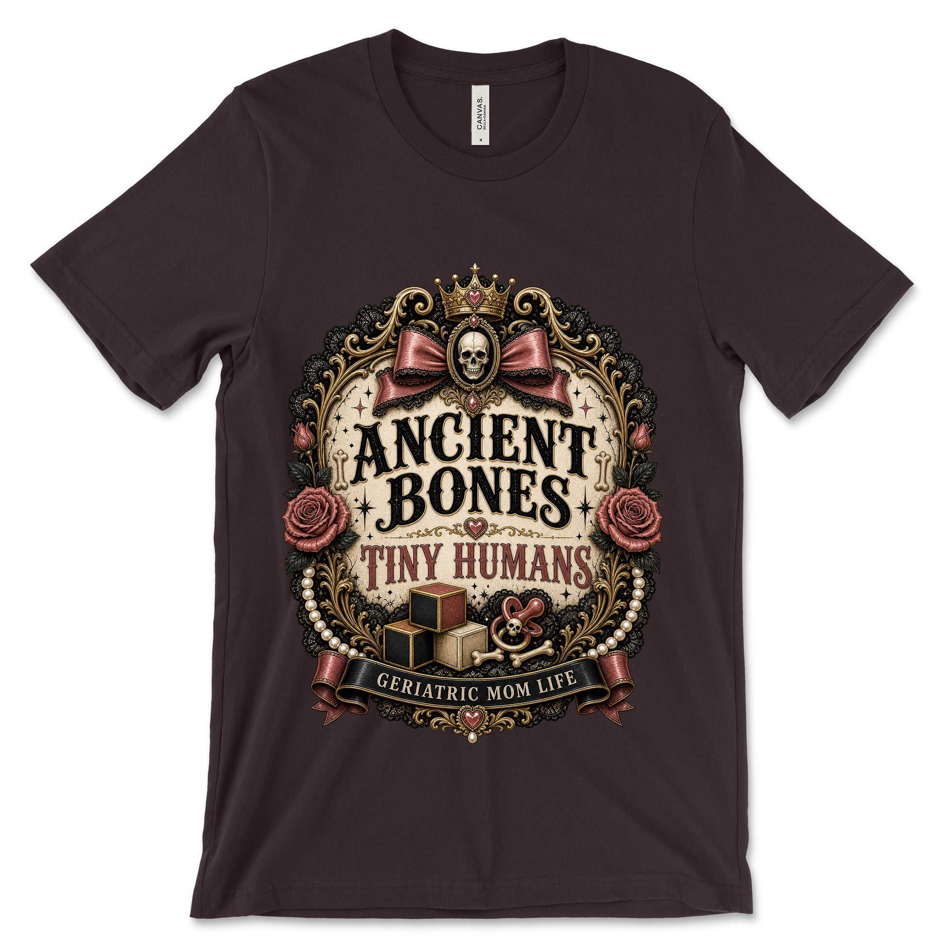 Ancient Bones Tiny Humans Oxblood Black shirt mockup