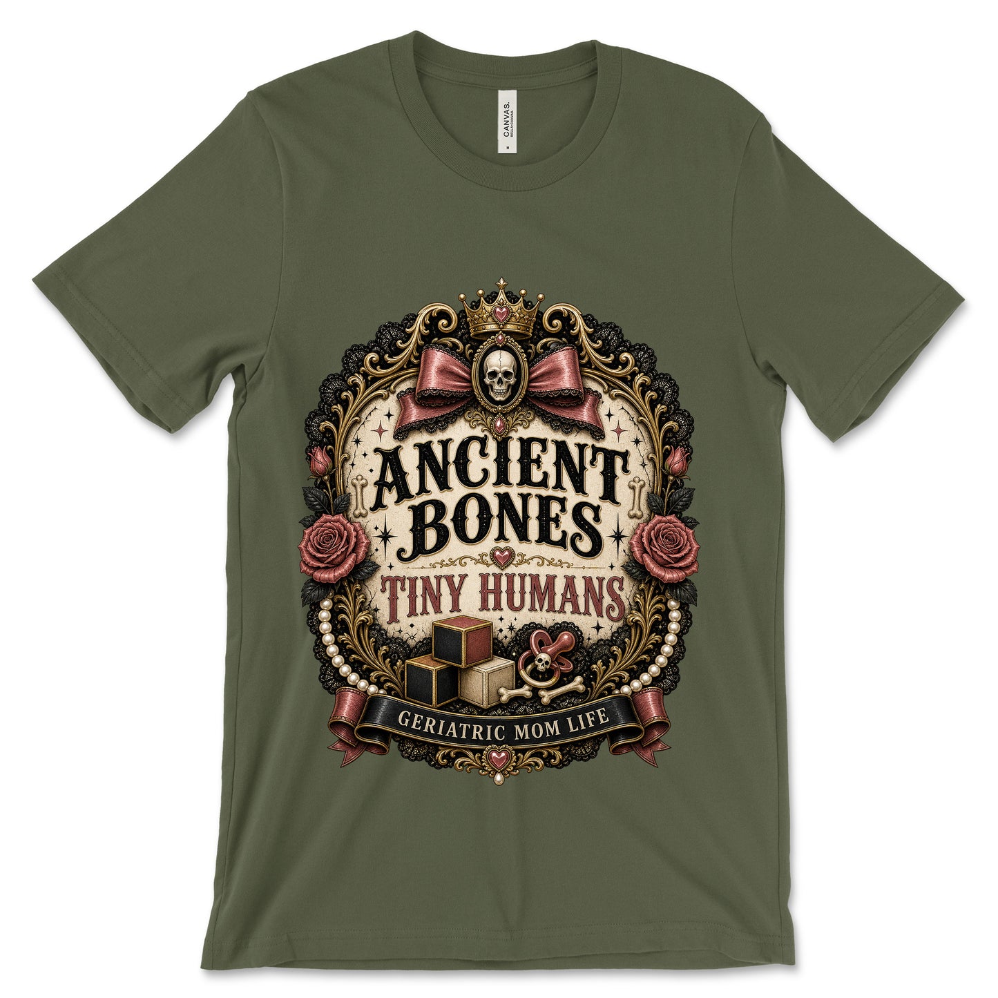 Ancient Bones Tiny Humans Military Green shirt mockup