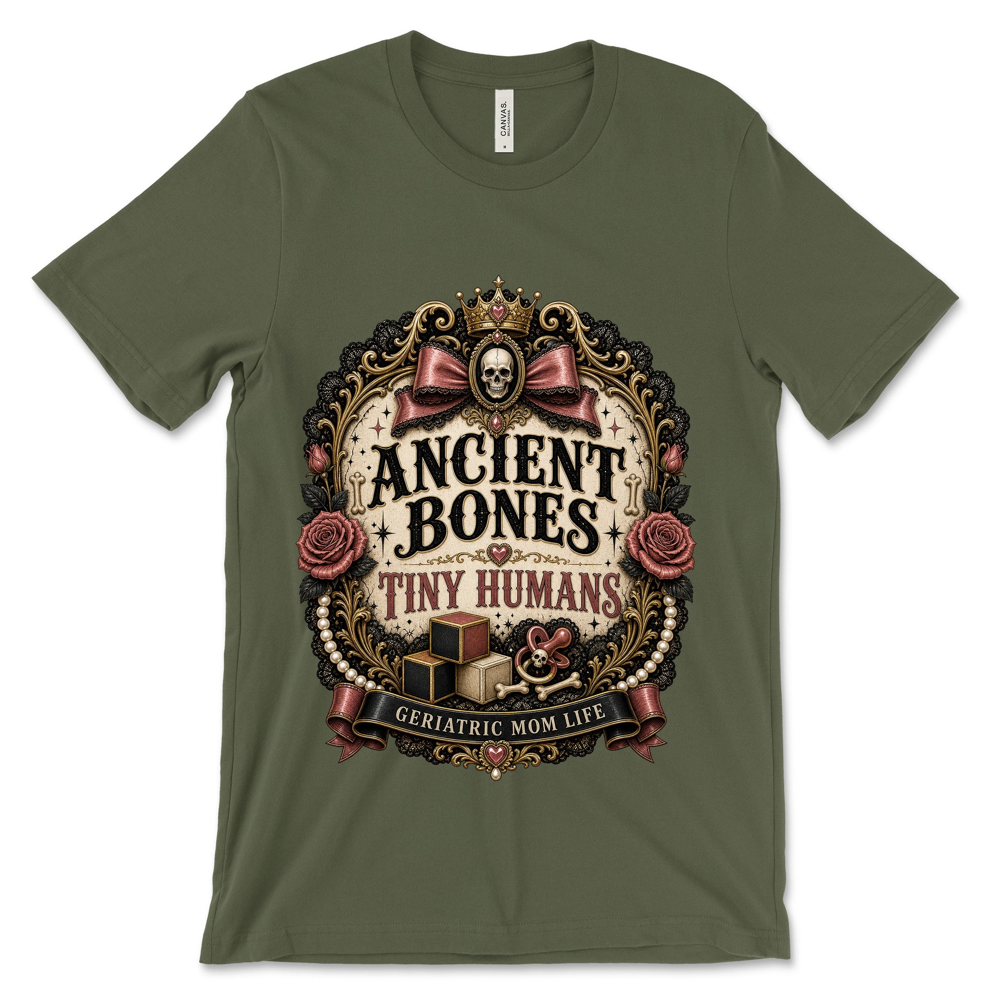 Ancient Bones Tiny Humans Military Green shirt mockup