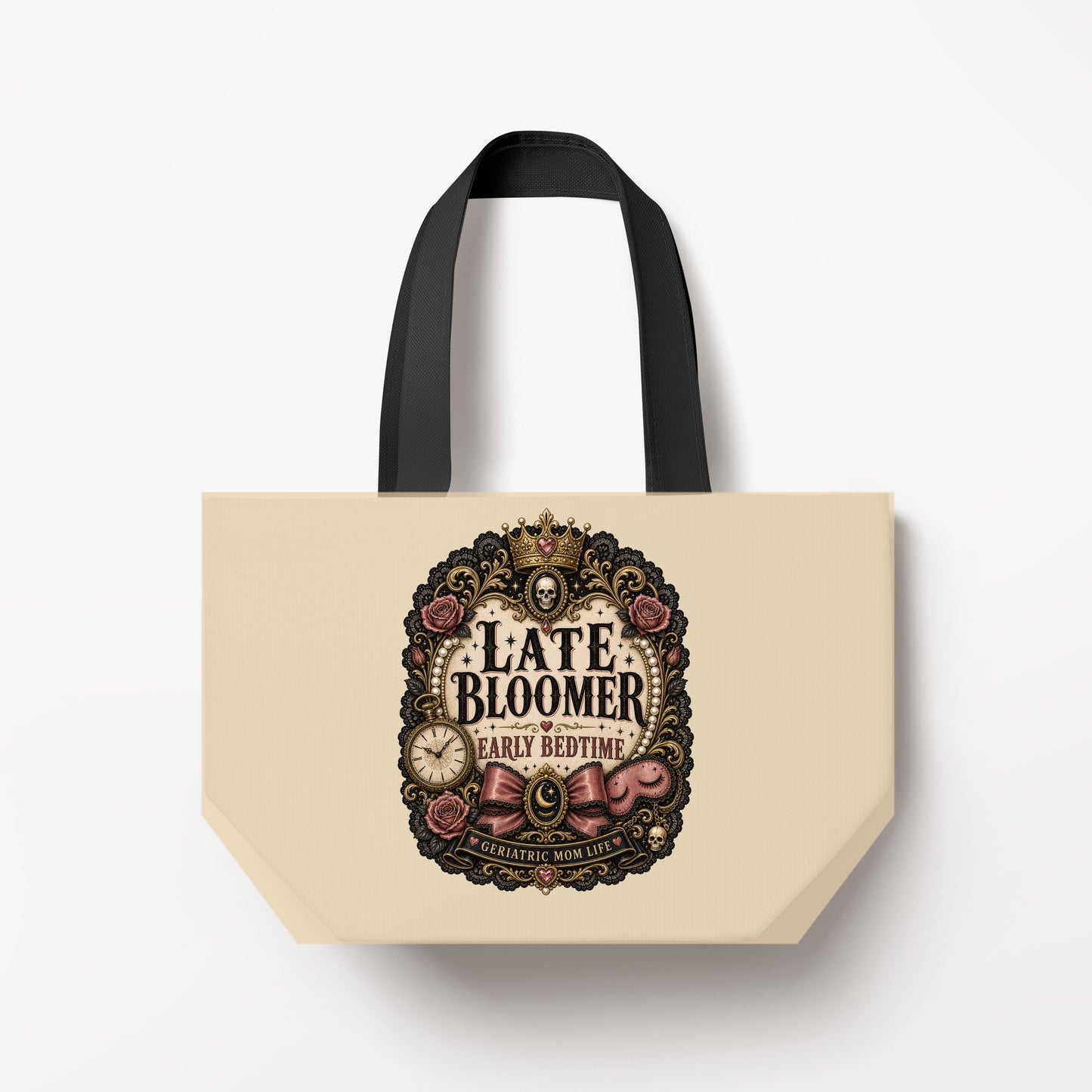 Late Bloomer Early Bedtime tote bag mockup