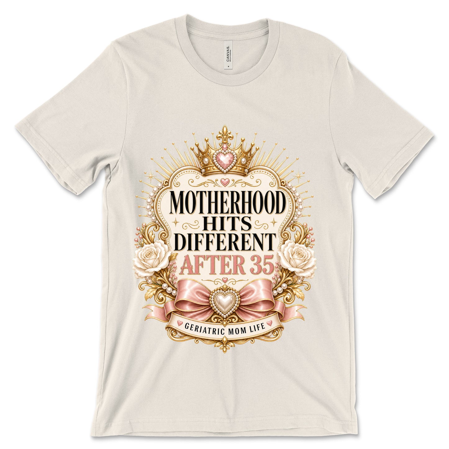 Motherhood Hits Different After 35 natural shirt mockup