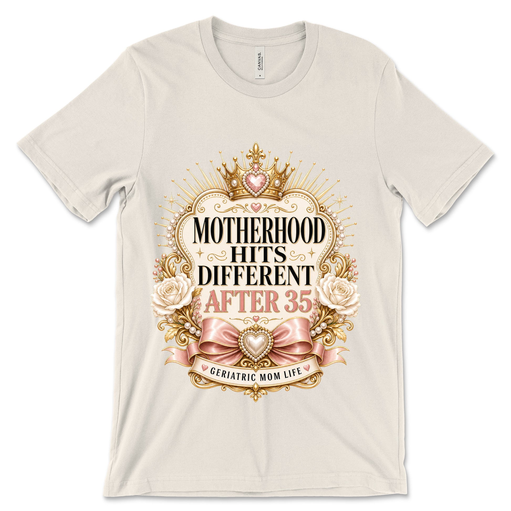 Motherhood Hits Different After 35 natural shirt mockup
