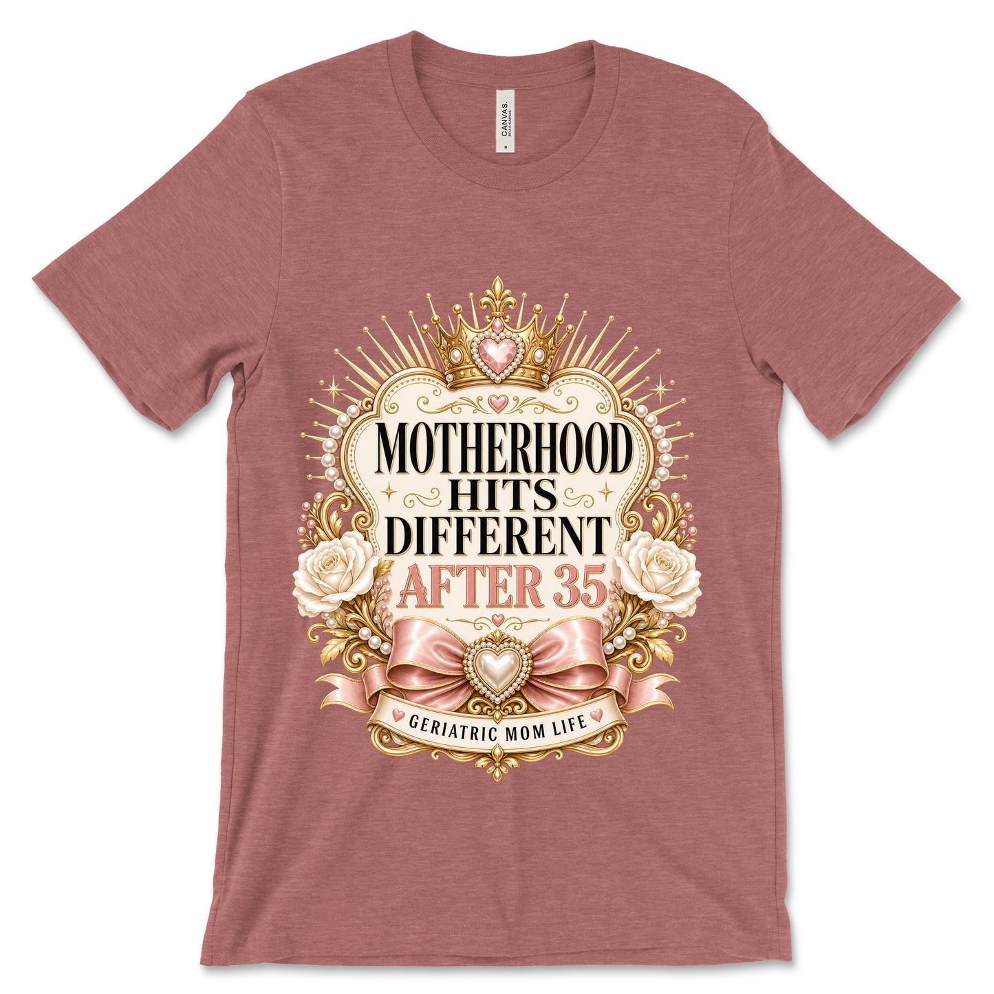 Motherhood Hits Different After 35 heather mauve shirt mockup