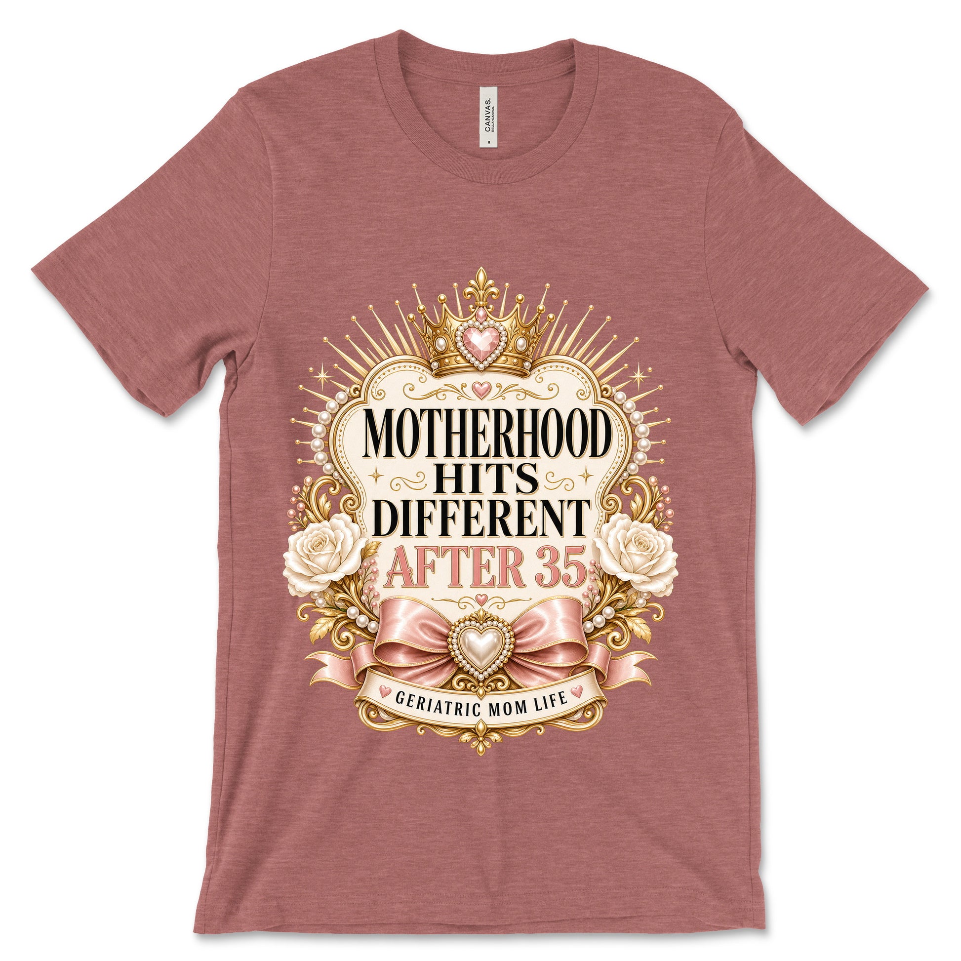 Motherhood Hits Different After 35 heather mauve shirt mockup