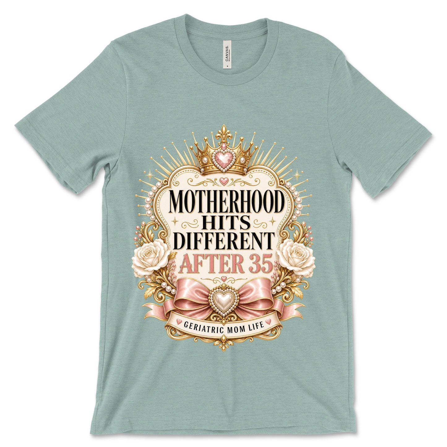 Motherhood Hits Different After 35 heather dusty blue shirt mockup