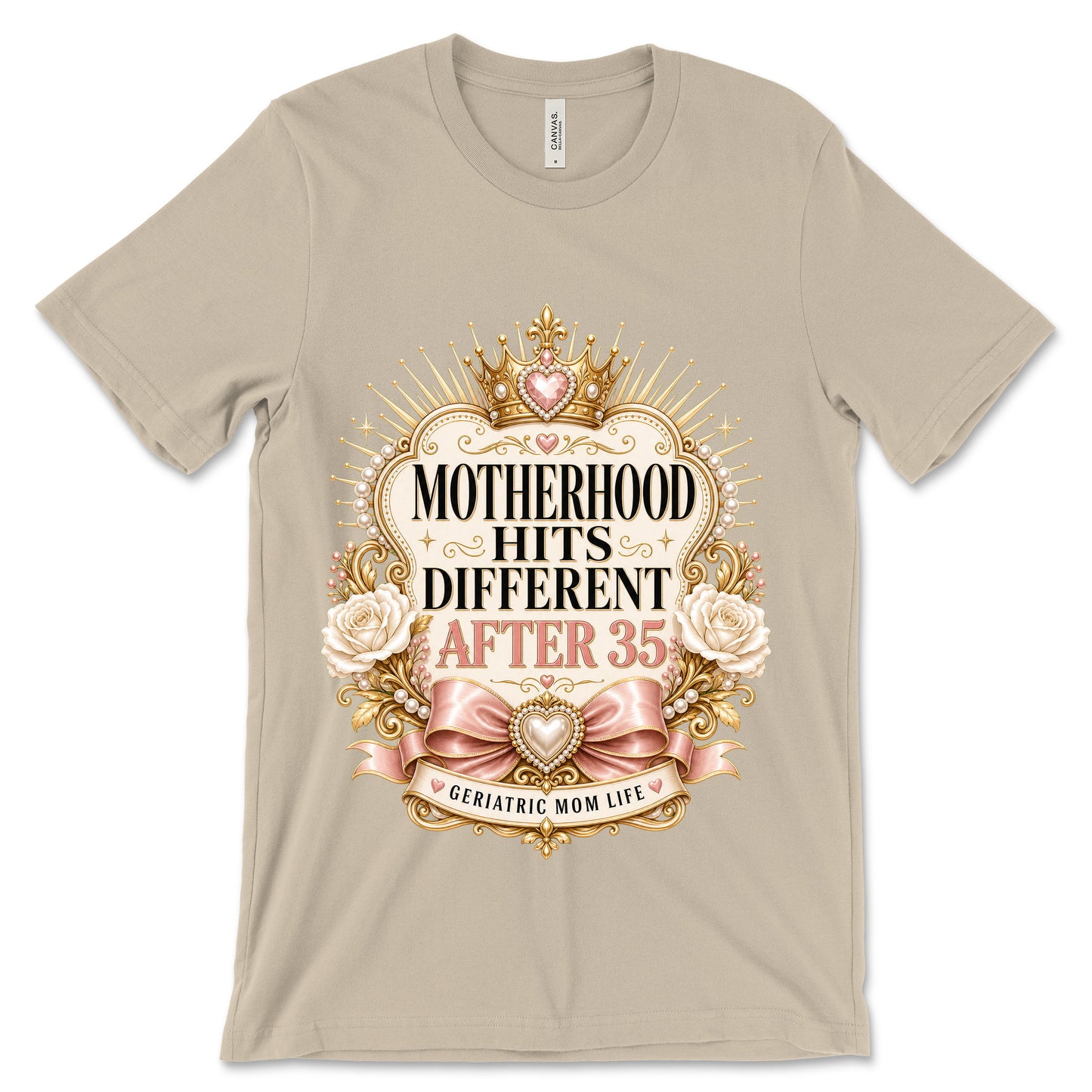Motherhood Hits Different After 35 soft cream shirt mockup