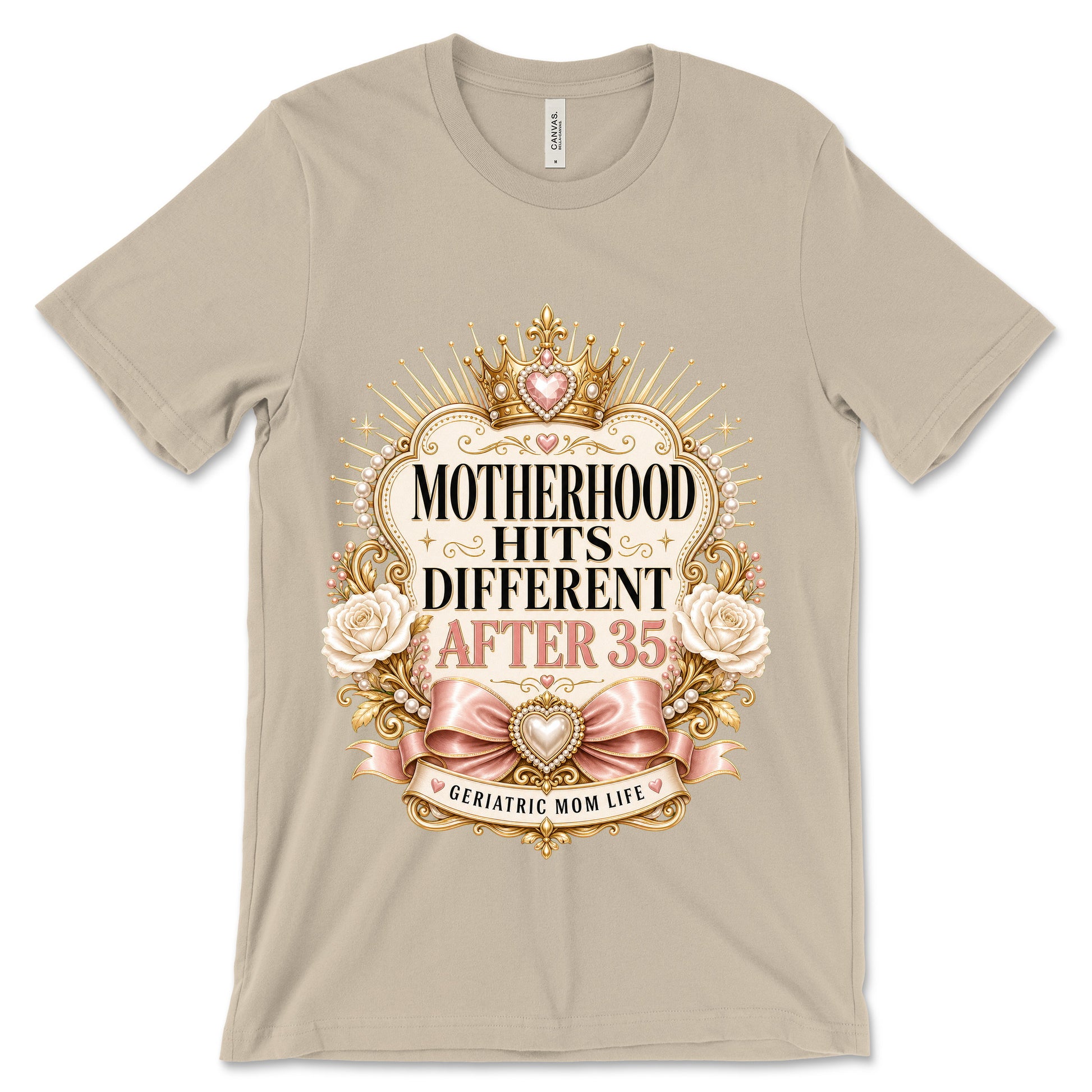 Motherhood Hits Different After 35 soft cream shirt mockup