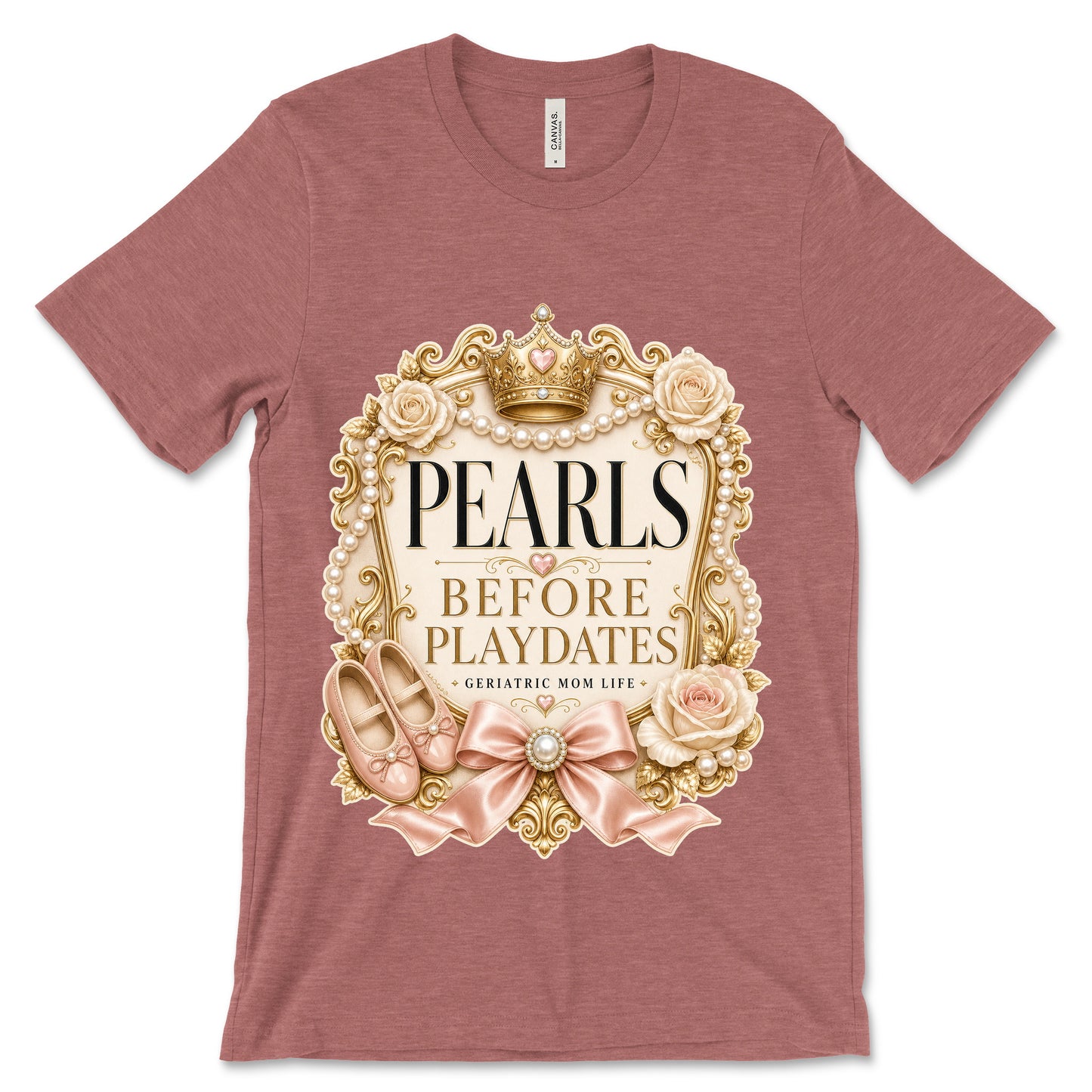 Pearls Before Playdates heather mauve shirt mockup