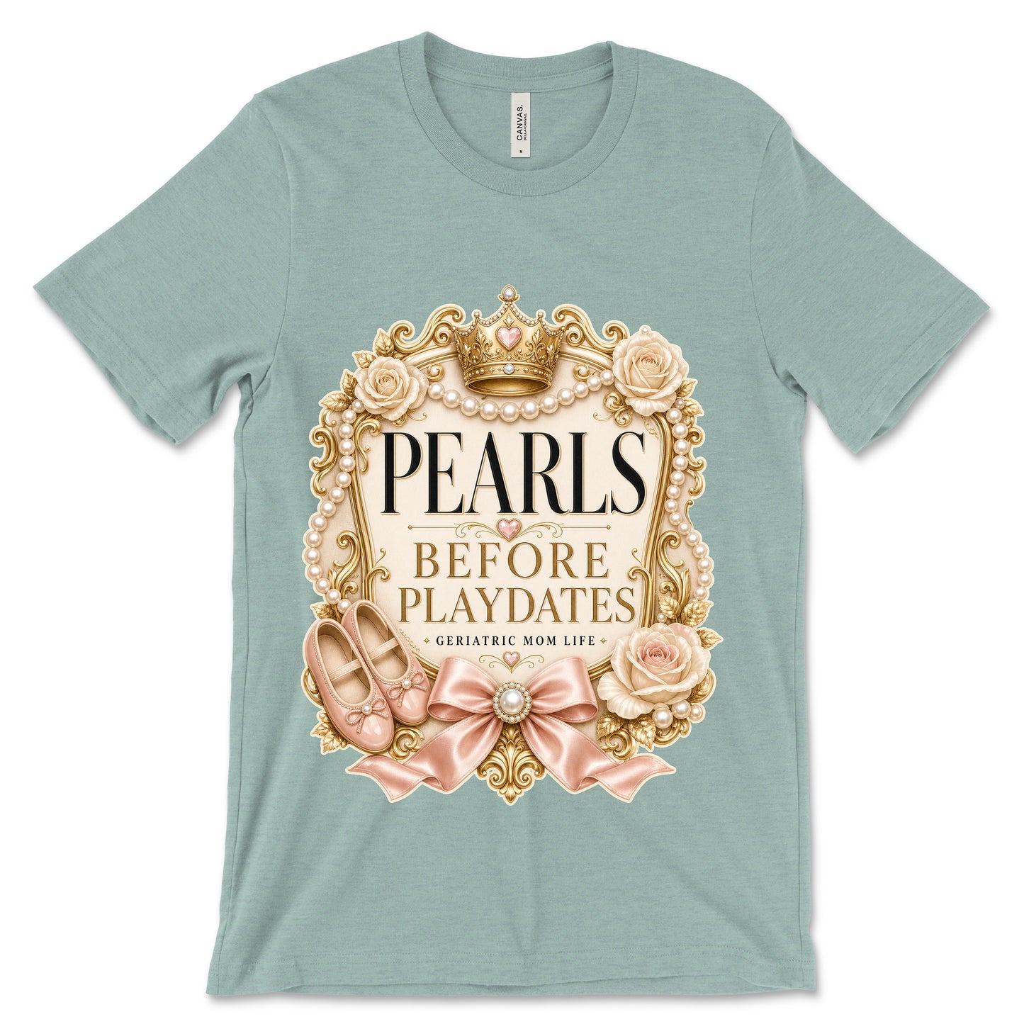 Pearls Before Playdates heather dusty blue shirt mockup