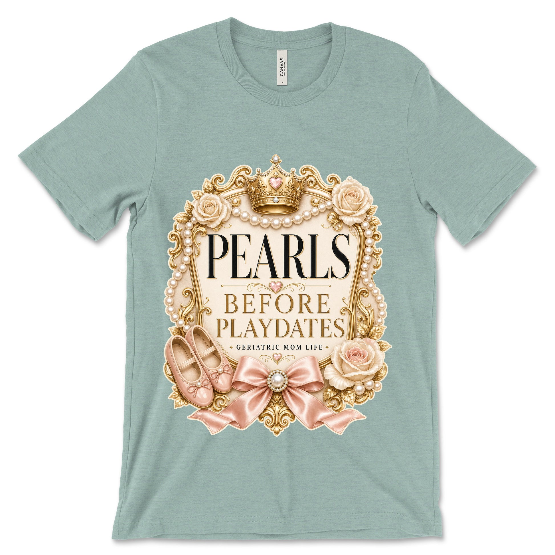 Pearls Before Playdates heather dusty blue shirt mockup