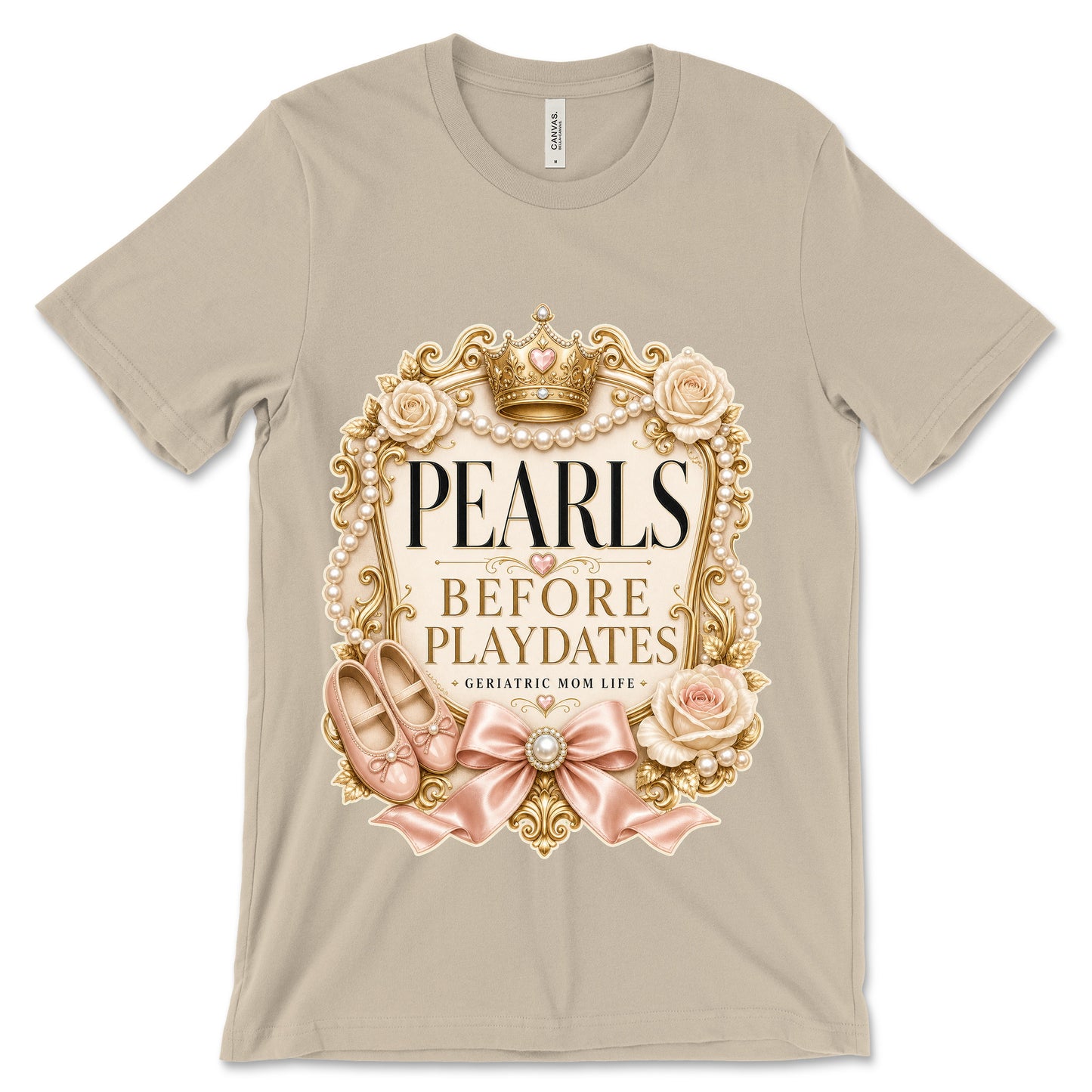 Pearls Before Playdates soft cream shirt mockup