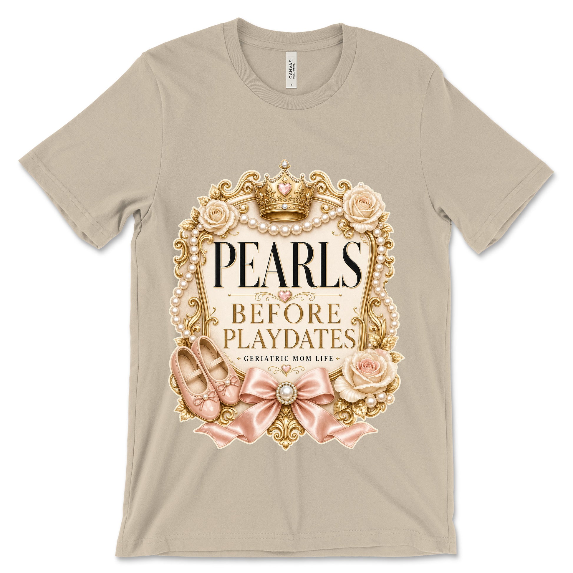 Pearls Before Playdates soft cream shirt mockup