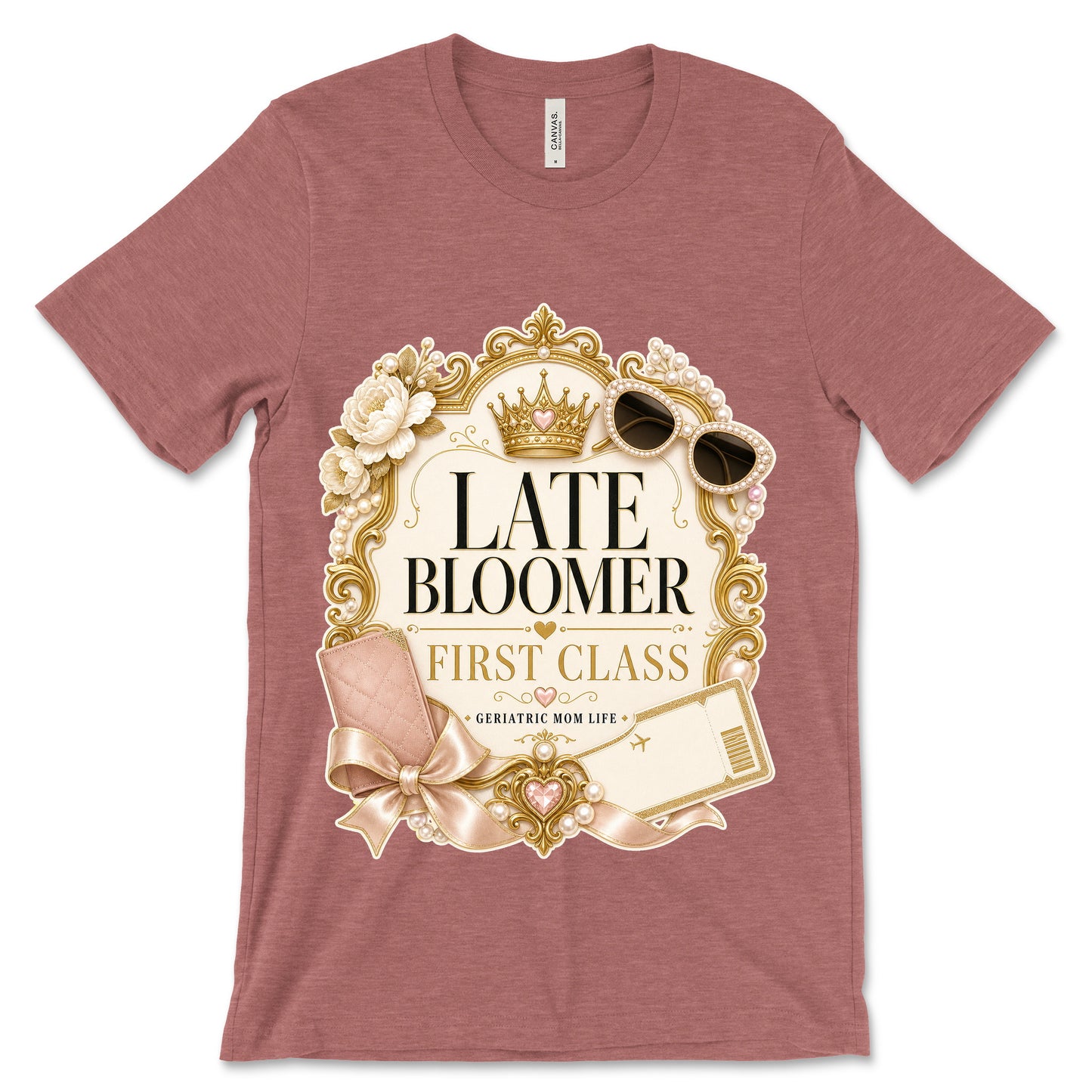 Late Bloomer First Class heather mauve shirt mockup