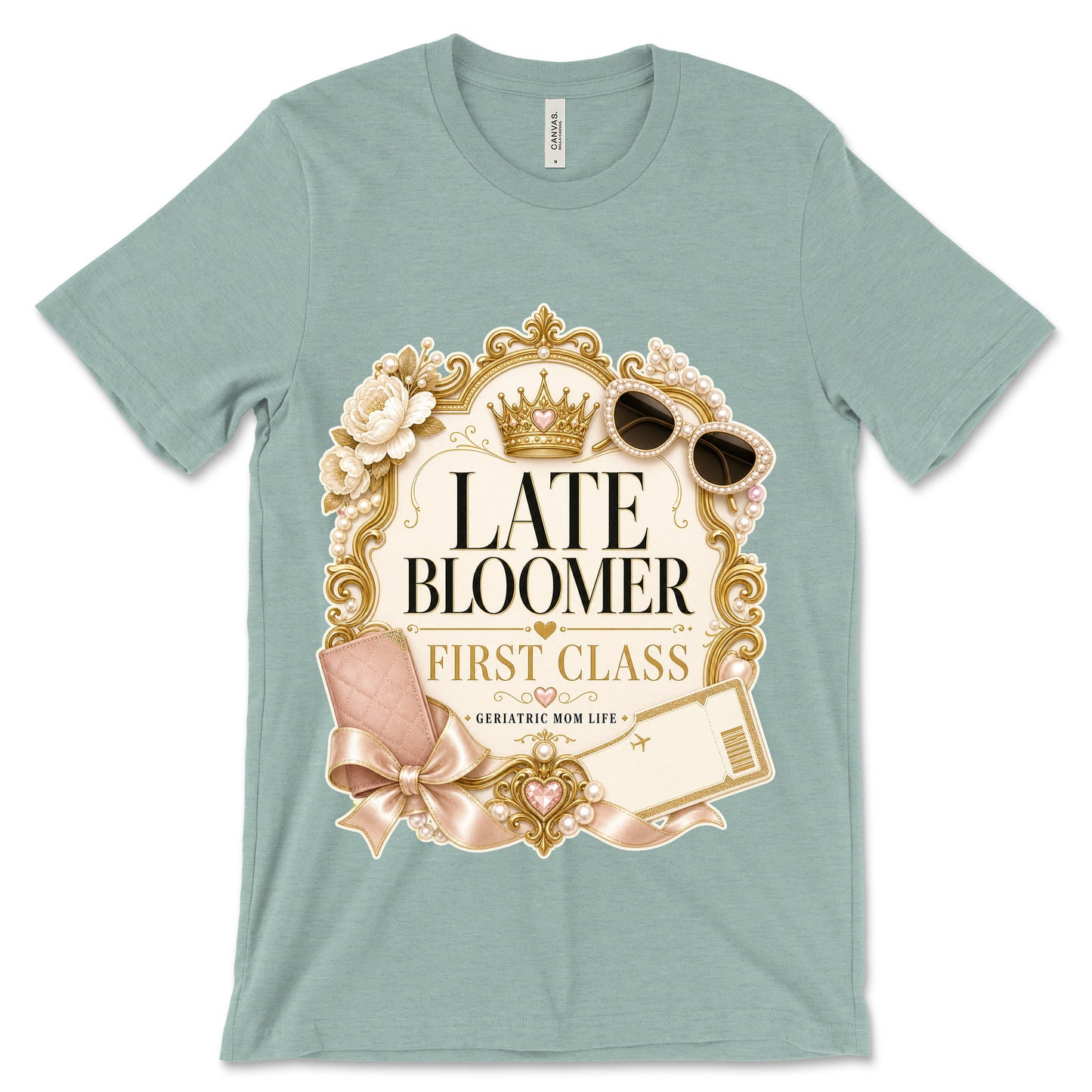 Late Bloomer First Class heather dusty blue shirt mockup