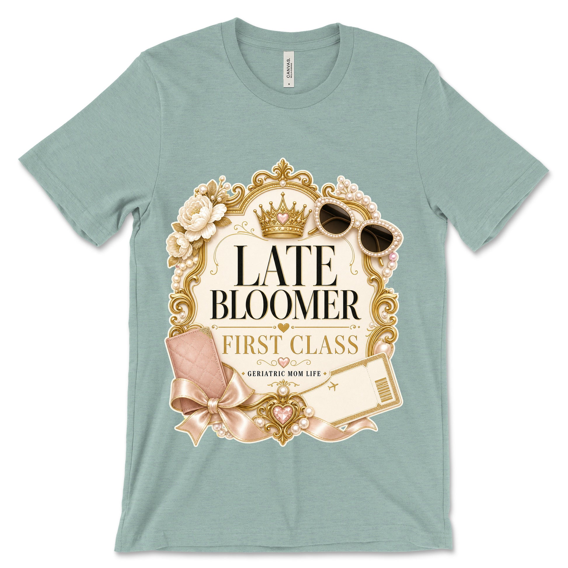 Late Bloomer First Class heather dusty blue shirt mockup